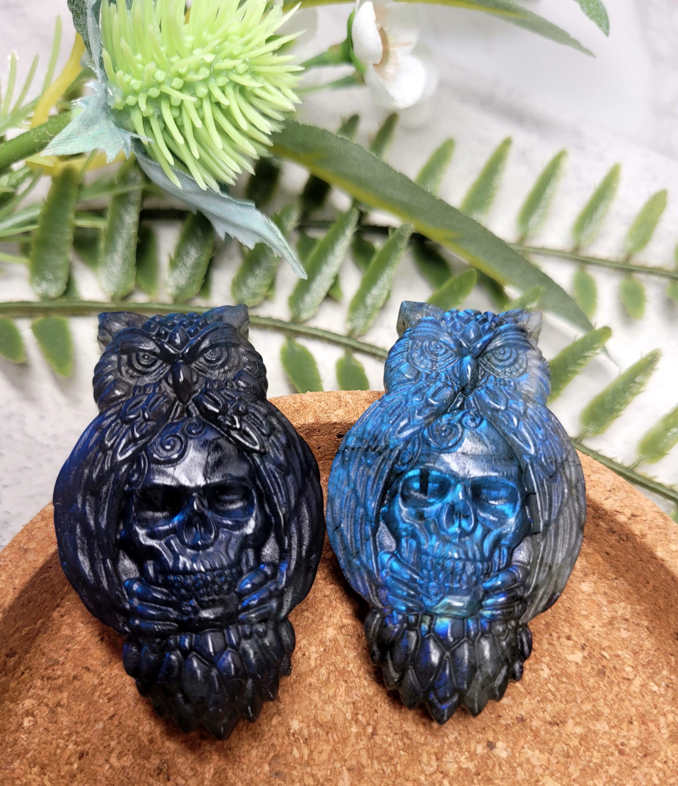 Labradorite Owl & Skull Carving