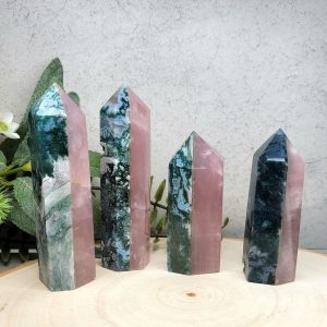 Moss agate/Rose quartz combination towers