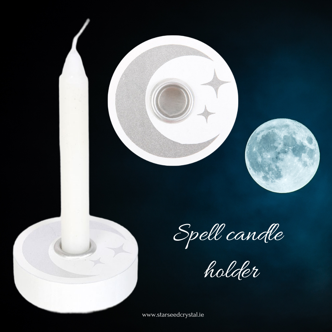 White mystical moon spell candle holder