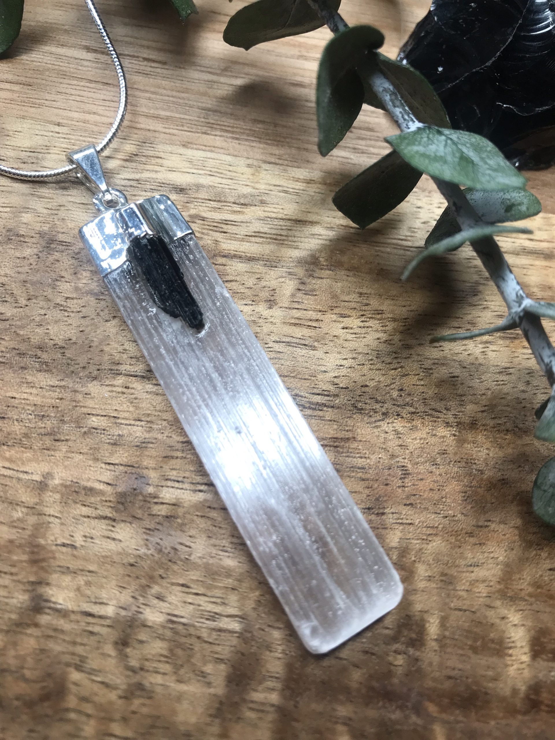 Selenite & Tourmaline pendant 4-5cm