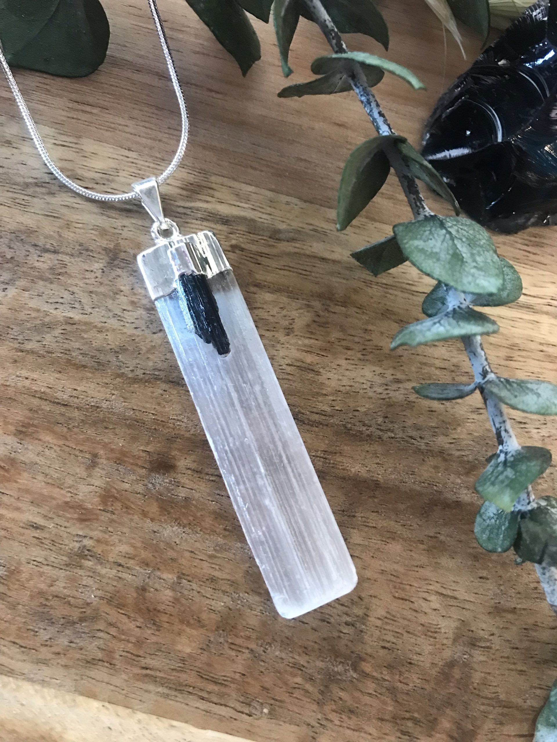 Selenite & Tourmaline pendant 4-5cm - Image 3