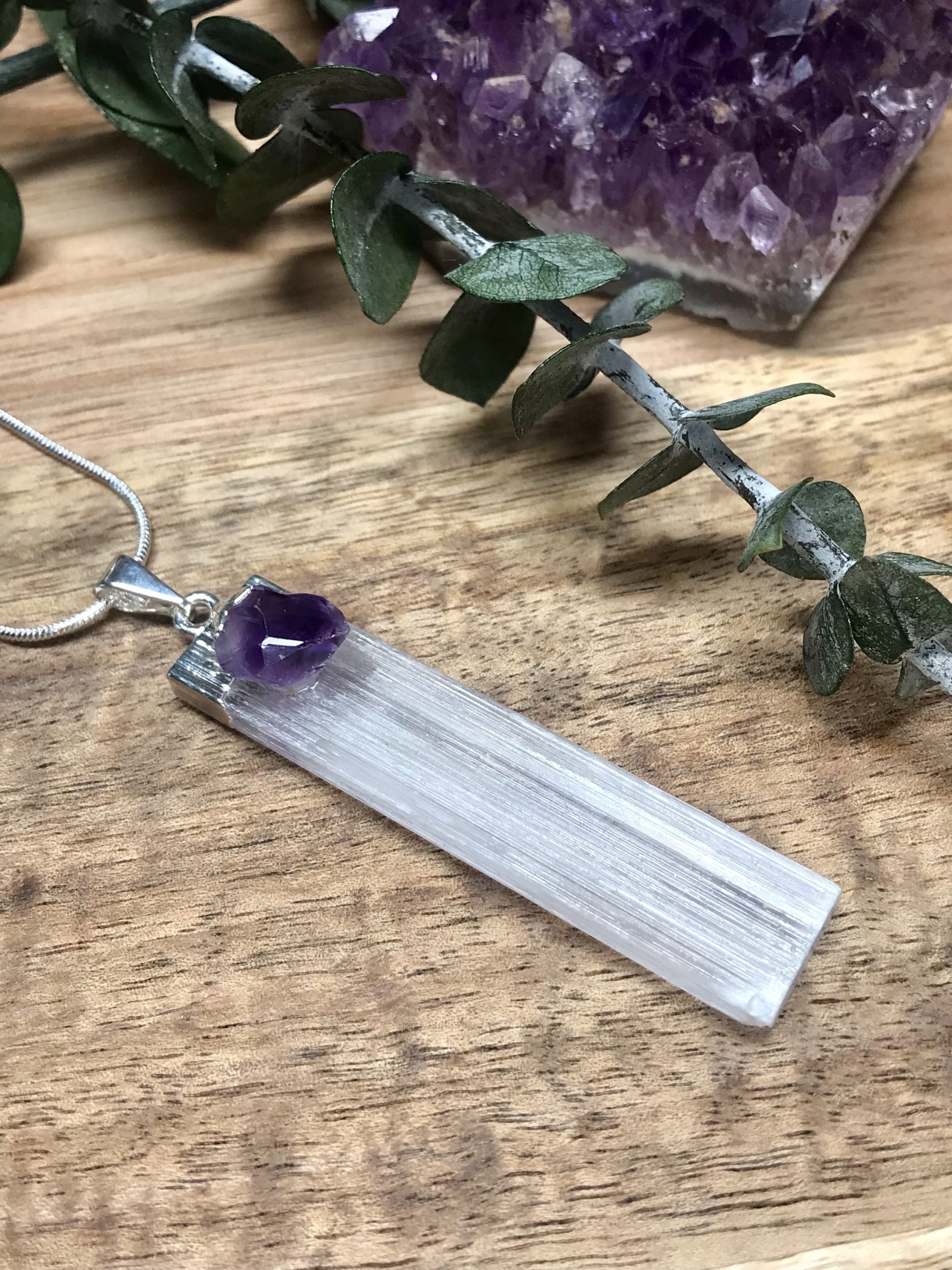 Selenite and Amethyst pendant-4cm-5.5cm
